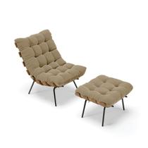 Kit 01 Poltrona e 01 Puff Costela Suede Marrom Rato Base Metálica Preto - D'Rossi