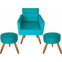 Kit 01 Poltrona Luxo Decorativa Nina E 2 Puffs Azul Turquesa Kit 01 Poltrona Luxo Decorativa Nina E 2 Puffs Azul Turquesa