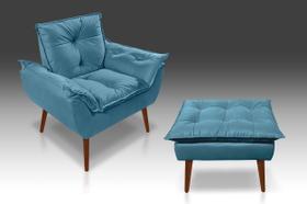 Kit 01 Poltrona Opala +01 Puff Opala Decorativa Sala Escritório, salão, quarto, recepção Suede Azul Claro-ALTO PADRÃO