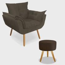 Kit 01 Poltrona Opala Com Fibra Siliconada +01 Puff Redondo Suede Marrom - Casa da Poltrona