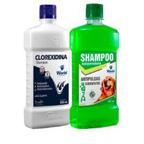 KIt 01 Shampoo Clorexidina e 01 Shampoo Antiparasitário Dugs cães todos de 500mL