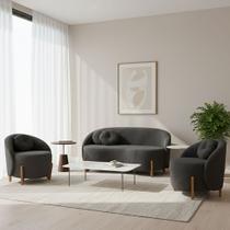 Kit 01 Sofá 2 Lugares + 02 Poltronas Orgânicos c/ Almofadas Curvo Sala Recepção Amsterdã Boucle Chumbo - Montanari's Decor Kit 01 Sofá 2 Lugares + 02 Poltronas Orgânicos c/ Almofadas Curvo Sala Recepção Amsterdã Boucle Chumbo - Montanari's Decor