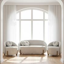 Kit 01 Sofá 2 Lugares + 02 Poltronas Orgânicos c/ Almofadas Curvo Sala Recepção Amsterdã Boucle Cinza Claro - Montanari's Decor