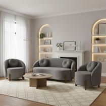 Kit 01 Sofá 2 Lugares + 02 Poltronas Orgânicos c/ Almofadas Curvo Sala Recepção Amsterdã Boucle Cinza - Montanari's Decor Kit 01 Sofá 2 Lugares + 02 Poltronas Orgânicos c/ Almofadas Curvo Sala Recepção Amsterdã Boucle Cinza - Montanari's Decor