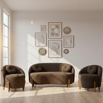 Kit 01 Sofá 2 Lugares + 02 Poltronas Orgânicos c/ Almofadas Curvo Sala Recepção Amsterdã Boucle Marrom - Montanari's Decor