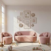 Kit 01 Sofá 2 Lugares + 02 Poltronas Orgânicos c/ Almofadas Curvo Sala Recepção Amsterdã Boucle Rosa - Montanari's Decor
