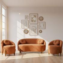 Kit 01 Sofá 2 Lugares + 02 Poltronas Orgânicos c/ Almofadas Curvo Sala Recepção Amsterdã Boucle Terracota - Montanari's Decor
