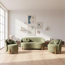 Kit 01 Sofá 2 Lugares + 02 Poltronas Orgânicos c/ Almofadas Curvo Sala Recepção Amsterdã Boucle Verde Oliva - Montanari's Decor Kit 01 Sofá 2 Lugares + 02 Poltronas Orgânicos c/ Almofadas Curvo Sala Recepção Amsterdã Boucle Verde Oliva - Montanari's Decor