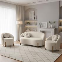 Kit 01 Sofá 2 Lugares 02 Poltronas Orgânicos Curvo Sala Recepção Amsterdã Boucle Off White Montanaris Decor