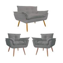 Kit 01 Sofá 2 lugares Namoradeira e 02 Poltronas Decorativas Opala para Sala e Quarto Pés Palito Suede Escolha Sua Cor - WeD Decor