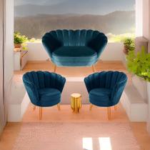 Kit 01 Sofá 2 lugares Namoradeira e 02 Poltronas Decorativas Pétala para Sala e Quarto Pés Palito Veludo Azul Marinho - WeD Decor