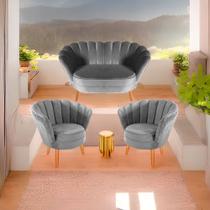 Kit 01 Sofá 2 lugares Namoradeira e 02 Poltronas Decorativas Pétala para Sala e Quarto Pés Palito Veludo Cinza - WeD Decor