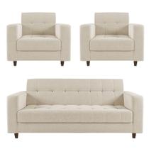 Kit 01 Sofá 3 Lugares E 02 Poltronas Arezzo Linho Pés Chanfrado Tabaco - D'rossi Cor A19 Bege