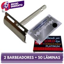 Kit 02 Aparelho Barbeador Metal Vintage Clássico Manual Retrô e 50, 70 Ou 100 Lâmina Lord Kit 02 Aparelho Barbeador Metal Vintage Clássico Manual Retrô e 50, 70 Ou 100 Lâmina Lord