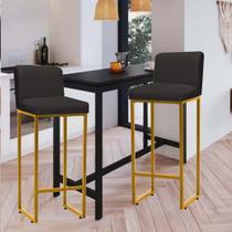 Kit 02 Banqueta Alta Com Encosto Lucca -60cm chão até o assento Industrial Ferro Dourado material sintético Cinza - Ahz Móveis