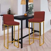 Kit 02 Banqueta Alta Com Encosto Lucca -60cm chão até o assento Industrial Ferro Dourado Sintético Vermelho - Ahazzo Móveis