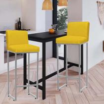 Kit 02 Banqueta Alta Com Encosto Lucca -60cm chão até o assento Industrial Ferro Prata material sintético Amarelo - Ahz Móveis