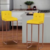 Kit 02 Banqueta Alta Com Encosto Lucca Industrial Cozinha Balcão Ferro Bronze Botão Suede Amarelo - Ahazzo Móveis