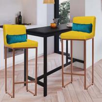 Kit 02 Banqueta Alta com Encosto Lucca Industrial Cozinha Balcão Ferro Bronze Suede Amarelo e Almofada Azul Turquesa - Ahz Móveis