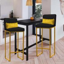 Kit 02 Banqueta Alta com Encosto Lucca Industrial Cozinha Balcão Ferro Dourado Sintético Preto e Almofada Amarelo - Ahz Móveis