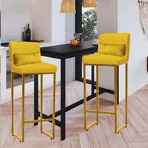 Kit 02 Banqueta Alta com Encosto Lucca Industrial Cozinha Balcão Ferro Dourado Suede Amarelo e Almofada Amarelo - Ahazzo Móveis