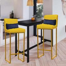 Kit 02 Banqueta Alta com Encosto Lucca Industrial Cozinha Balcão Ferro Dourado Suede Amarelo e Almofada Azul Marinho - Ahazzo Móveis