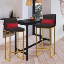 Kit 02 Banqueta Alta com Encosto Lucca Industrial Cozinha Balcão Ferro Dourado Suede Cinza e Almofada Vermelho - Ahazzo Móveis