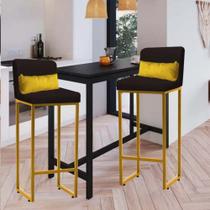 Kit 02 Banqueta Alta com Encosto Lucca Industrial Cozinha Balcão Ferro Dourado Suede Marrom e Almofada Amarelo - Ahazzo Móveis