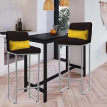 Kit 02 Banqueta Alta com Encosto Lucca Industrial Cozinha Balcão Ferro Prata Suede Marrom e Almofada Amarelo - Ahazzo Móveis