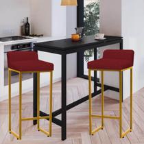 Kit 02 Banqueta Alta Mia Com Encosto Cozinha Bistrô Bar Balcão Ferro Dourado Suede Vermelho - Ahazzo Móveis