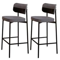 Kit 02 Banquetas Alta Bar Cozinha Sala De Jantar Aço Preto Kaira C01 Linho Cinza material sintético Preto - Lyam Decor
