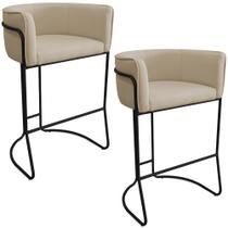 Kit 02 Banquetas Alta com Encosto Betina Base Preto Linho Areia - Nexta Casa Kit 02 Banquetas Alta com Encosto Betina Base Preto Linho Areia - Nexta Casa