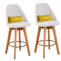 Kit 02 Banquetas Alta Maya Giratória Com Encosto Linho Bege Claro e Almofada Amarelo - Aurora Line