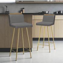 Kit 02 Banquetas Com Encosto Menne Eiffel Bistrô Cozinha Aplique Ferro Dourado Suede Cinza - Ahazzo Móveis