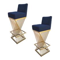 Kit 02 Banquetas Luma Base de Ferro Sued Azul Marinho - D'Classe Decor Kit 02 Banquetas Luma Base de Ferro Sued Azul Marinho - D'Classe Decor