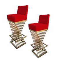 Kit 02 Banquetas Luma Base de Ferro Sued Vermelho - D'Classe Decor