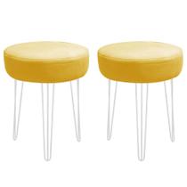 Kit 02 Banquetas Puff Jullia Luxo 55cm Industrial Ferro Branco Sintético Amarelo - Ahazzo Móveis