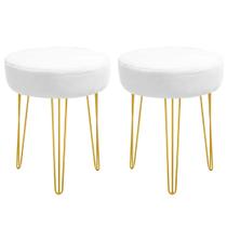 Kit 02 Banquetas Puff Jullia Luxo 55cm Industrial Ferro Dourado Sintético Branco - Ahazzo Móveis