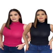 Kit 02 Blusa Feminina Regata Gola Alta Malha Canelada
