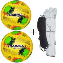 Kit 02 Bola De Vôlei Rainha Sunny+Rede Vôlei Master Rede Seda 5M 1 Faixa Sintética Cor:Amarelo+Branco+PretoTamanho:Únic