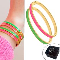 Kit 02 Braceletes Slim com Resina Verde e Rosa 68mm Banhado a Ouro