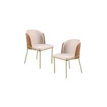 Kit 02 Cadeira Decorativa Sala Jantar Aurora Base Gold Linho Bege /material sintético Caramelo - Montanaris Decor