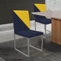 Kit 02 Cadeira Office Stan Duo Sala de Jantar Industrial Ferro Prata Suede Azul Marinho e Amarelo - Ahazzo Móveis