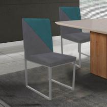 Kit 02 Cadeira Office Stan Duo Sala de Jantar Industrial Ferro Prata Suede Cinza e Azul Turquesa - Ahz Móveis