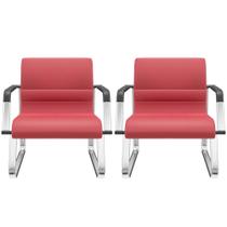 Kit 02 Cadeiras de Escritório Recepção Fixa Pés Cromado Lev P03 Vinil Vermelho - Lyam Decor