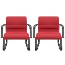 Kit 02 Cadeiras De Escritório Recepção Fixa Pés Preto Lev P03 Crepe Vermelho - Lyam Decor