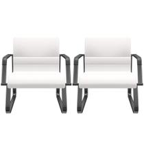 Kit 02 Cadeiras De Escritório Recepção Fixa Pés Preto Lev P03 Vinil Branco - Lyam Decor