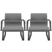 Kit 02 Cadeiras de Escritório Recepção Fixa Pés Preto Lev P03 Vinil Cinza - Lyam Decor