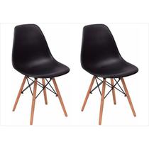 Kit 02 Cadeiras Eiffel Charles Eames em ABS Preta com Base de Madeira DSW