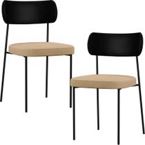 Kit 02 Cadeiras Estofadas Para Sala De Jantar Melina L02 material sintético Preto Linho Bege Escuro - Lyam Decor